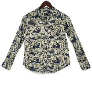 Ann Taylor XS Shirt 100% Cotton Tropical Leaf Button Front Blue Casual Top